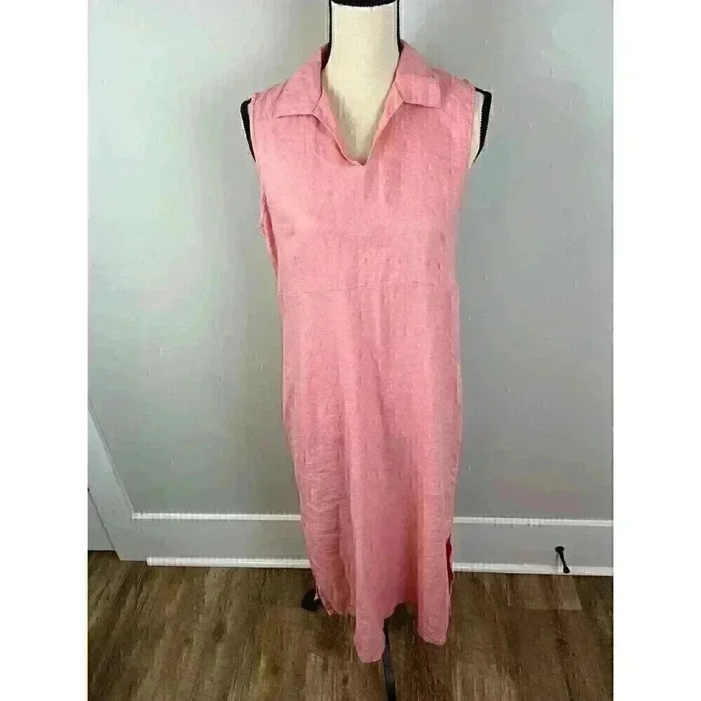 Herman Geist 100% Linen Maxi Dress 8P Collar Sleeveless Lagenlook Minimalist
